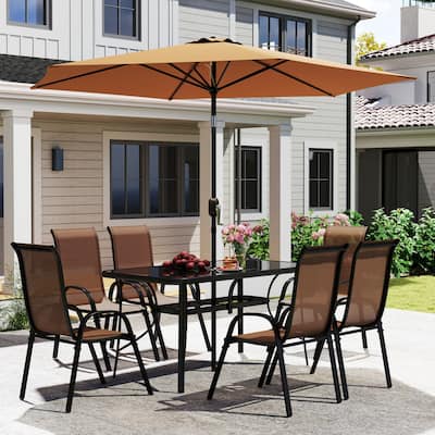 7-Piece Patio Furniture Set with Aluminum Table and Mesh Chairs Included Large Outdoor Umbrella - 55.1" L x 29.5" W x 28" H