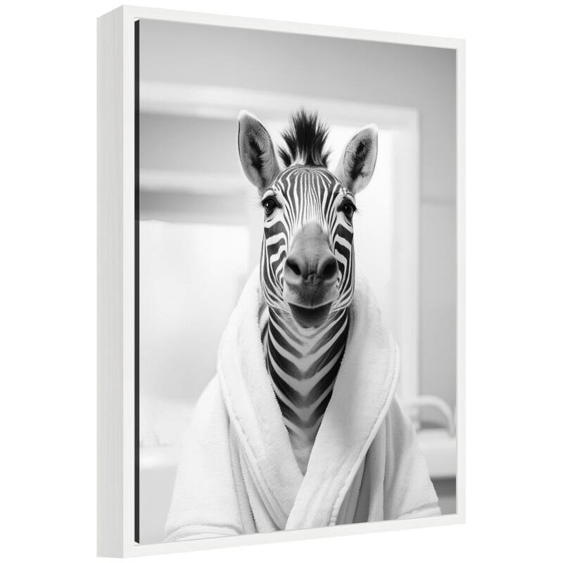 Kate and Laurel Sylvie Zebra Bathroom Art Towel Robe Black and White Framed Canvas by The Creative Bunch Studio - 18x24 - White