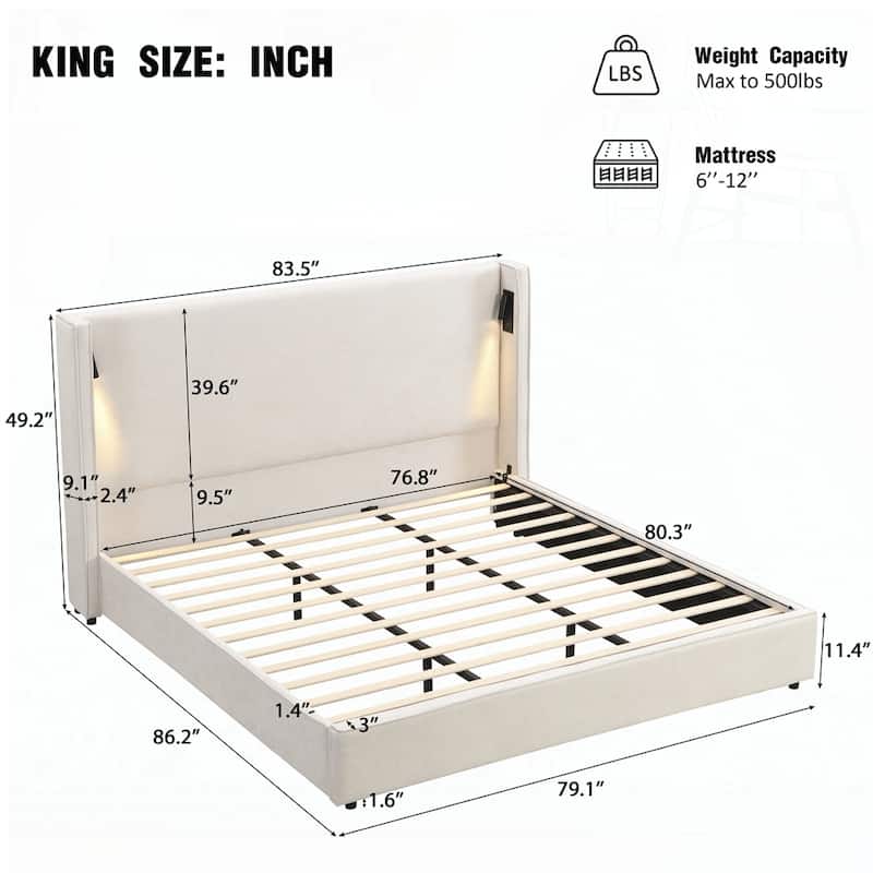 Upholstered Bed Frame with High Wingback Headboard,Reading Lamp and USB port