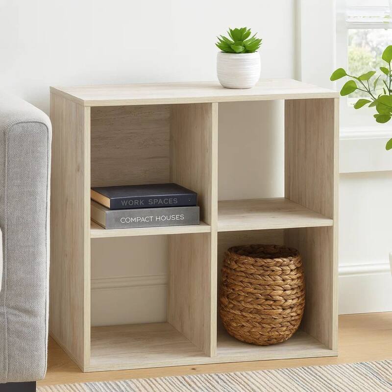 4 Cube Wooden Organizer with Grain Details, Washed White