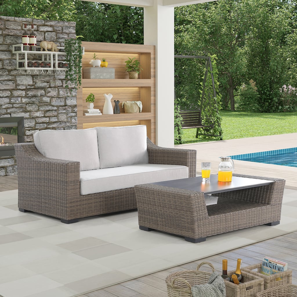 2-Piece Manhattan Rustic Wicker Loveseat and Coffee Table Set