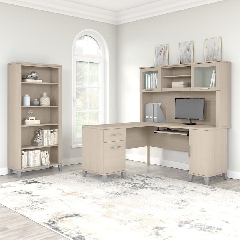 Somerset 60W L Shaped Desk with Hutch and 5 Shelf Bookcase in Ash Gray