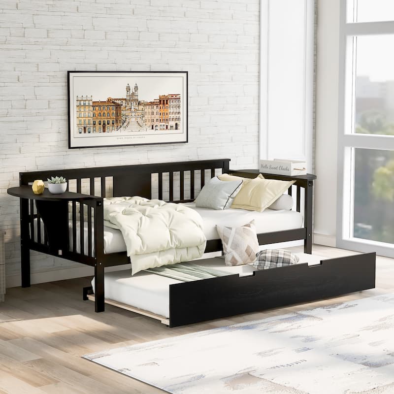 Twin Wooden Daybed with Trundle Bed , Sofa Bed for Bedroom Living Room, Espresso