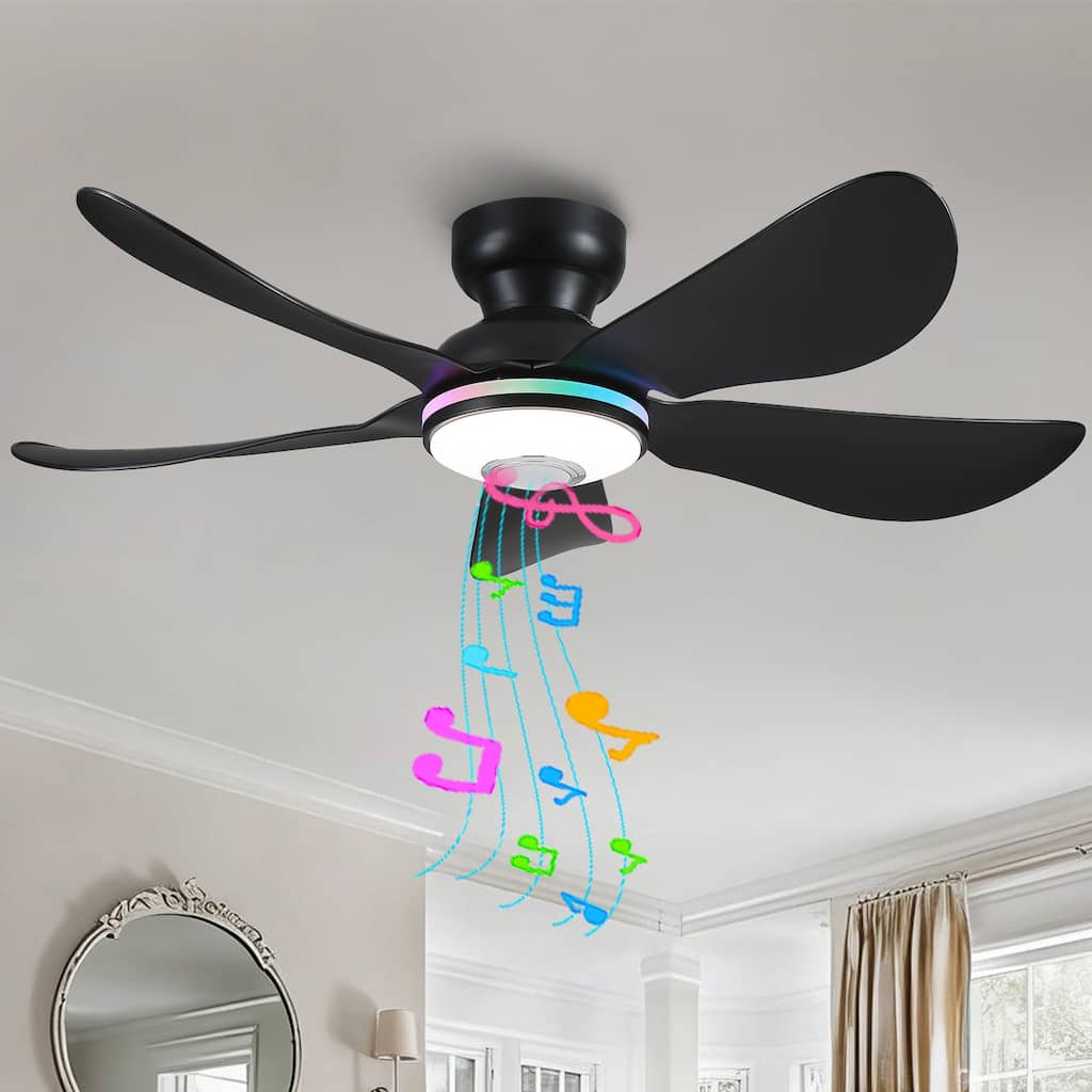 Kviflon 36/46 inches RGB Flush Mount Ceiling Fan with Light and Remote and Speaker