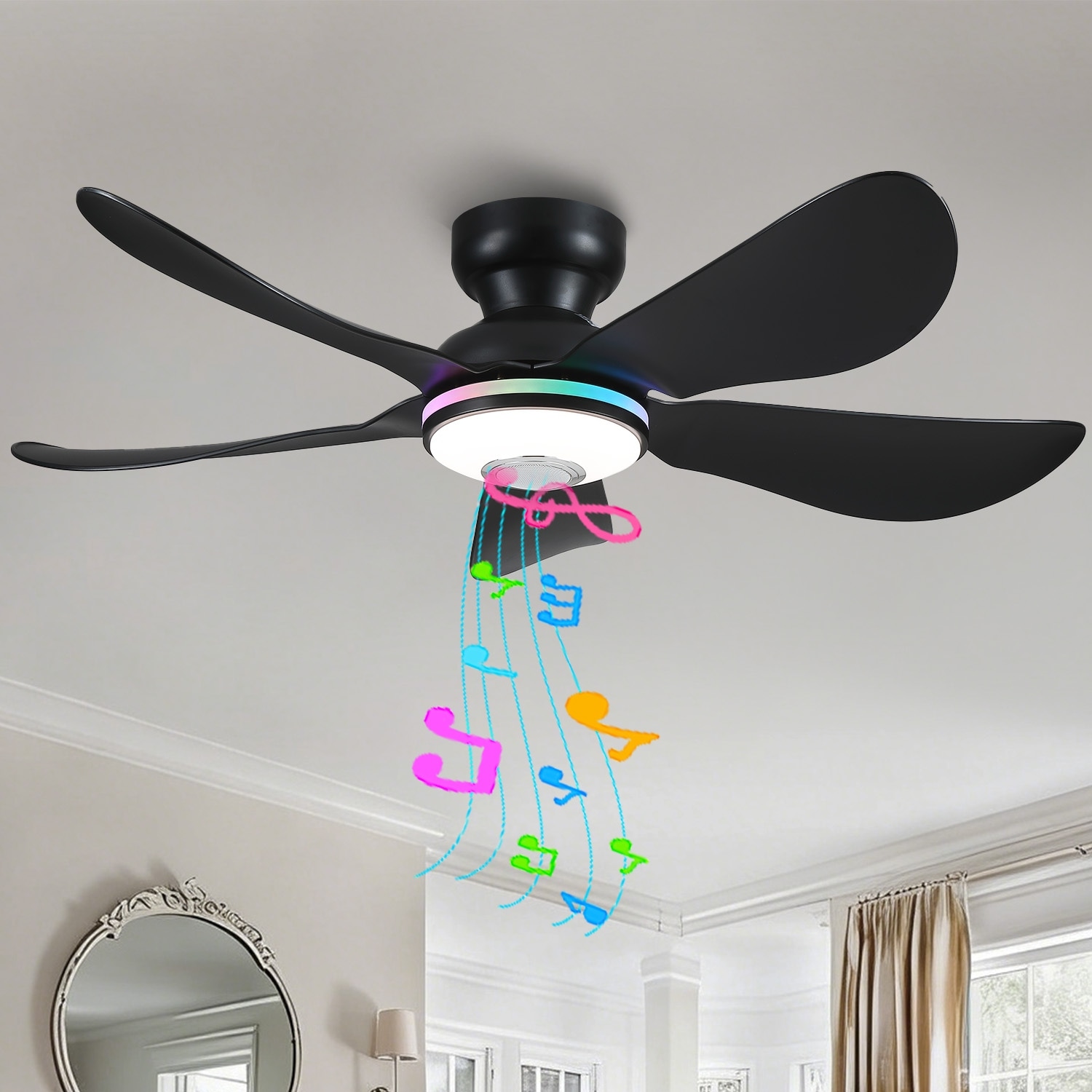 36/46-Inch Low-Profile Fan with 3CCT Light, APP and Remote Control，Smart RGB Ceiling Fan with Speaker,