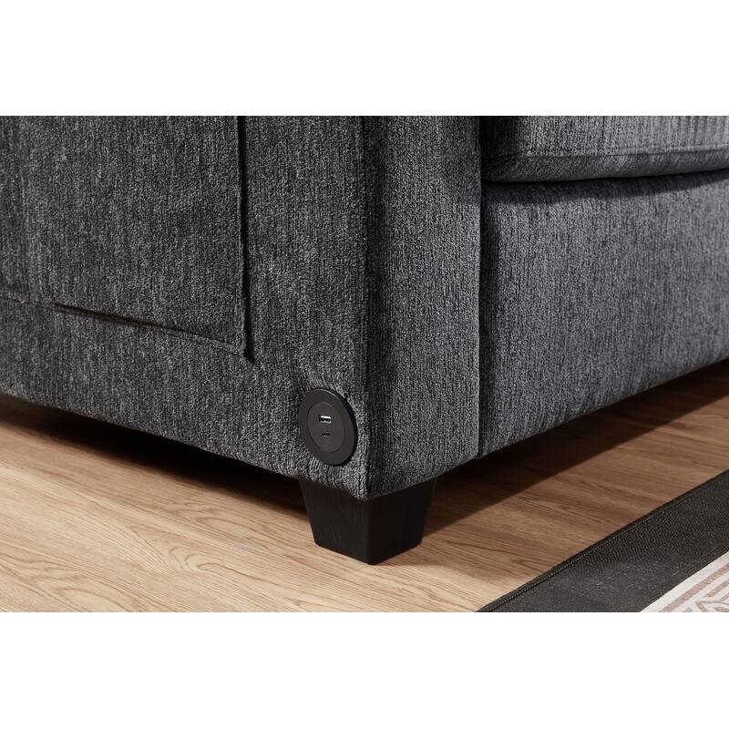 Trey 115"W Gray Chenille Sectional with Adjustable Backrest, Charging Ports, Pockets, Tufting, Storage Ottoman, Throw Pillows