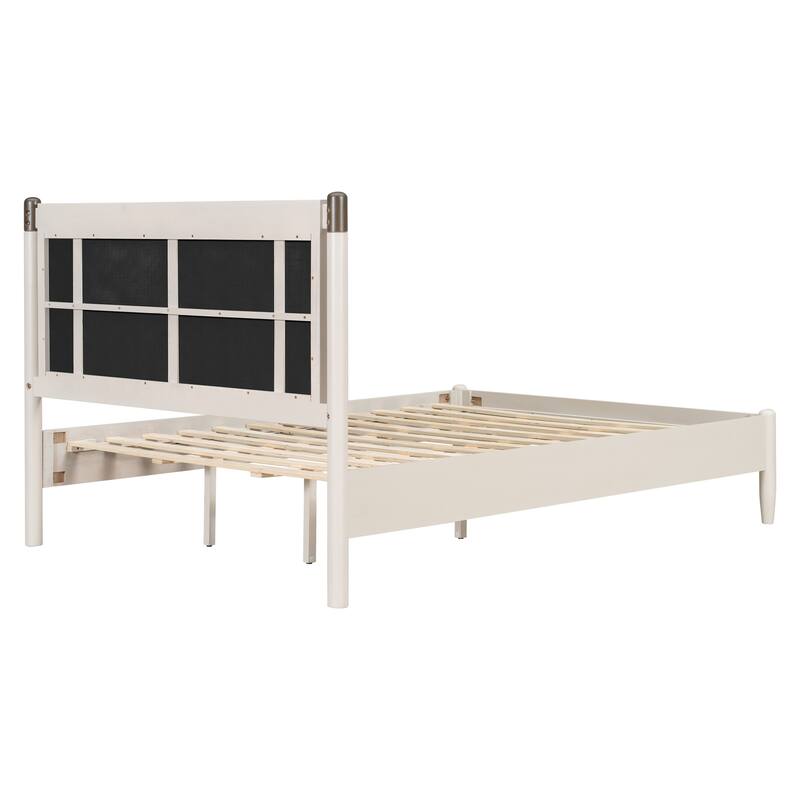 Roomfitters Queen Premium Wood Bed Frame, Heavy Duty 500lbs Support, Upholstered Headboard with Metal Accents