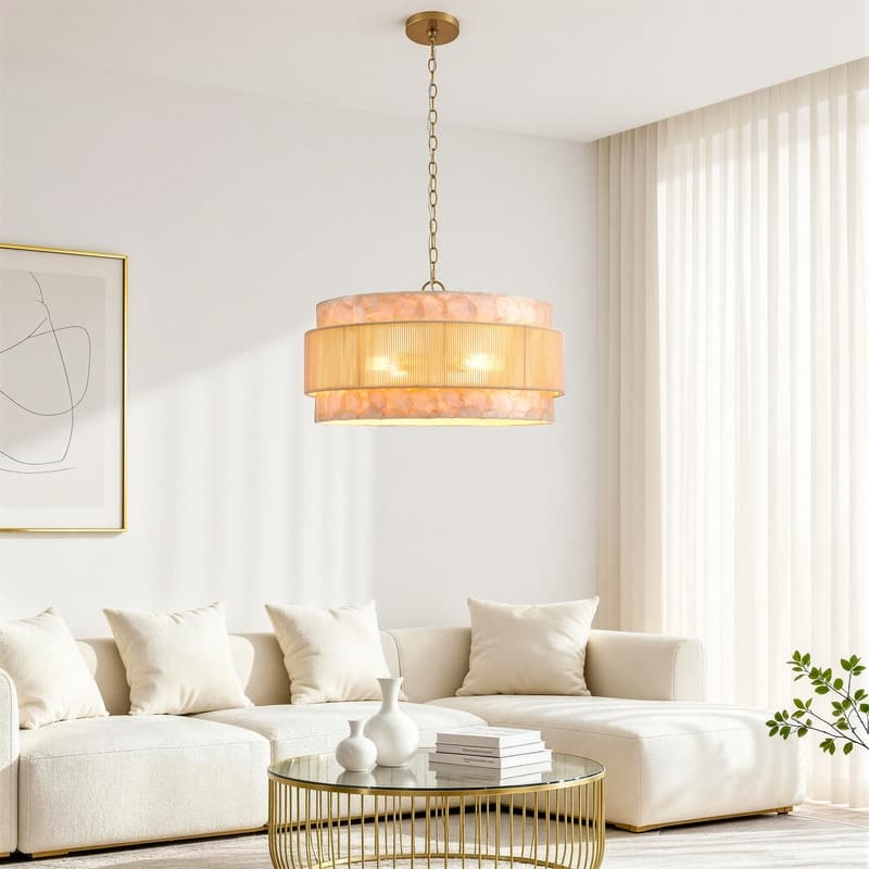 KAWOTI 3-Tire Seashell Pendant Light with Cotton Rope Shade
