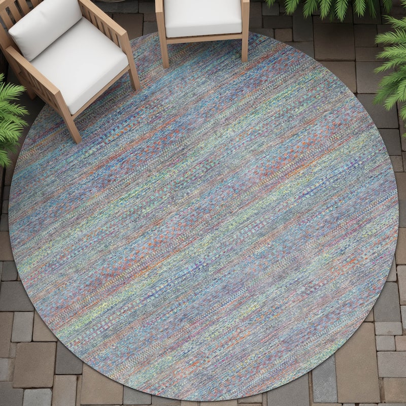 Machine Washable Indoor/Outdoor Modern Stripes Chantille Rug - Blue - 8' x 8'