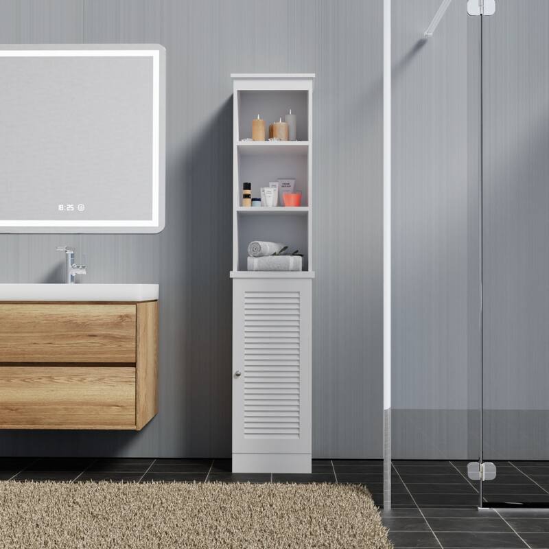 67 in. H Wood Freestanding Linen Cabinet with 3 Open Shelves and Door - White