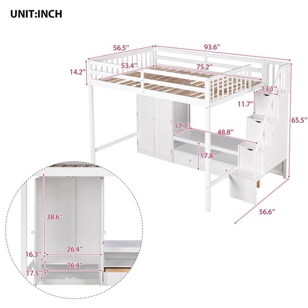 dimension image slide 0 of 2, Multi-Functional Full Size Loft Bed Frame with Wardrobe, Low Storage Table and Storage Staircase, Health & Safe, White