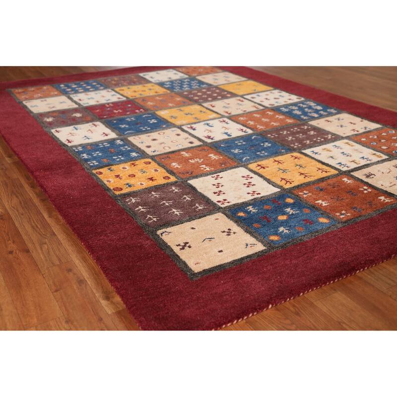 Tribal Geometric Gabbeh Indian Area Rug Red Hand-Tufted Wool Carpet - 5'3" x 7'7" - 5'3" x 7'7" - Red