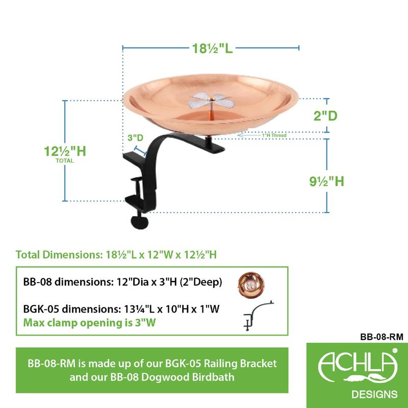 Achla Designs Dogwood Garden Birdbath w/Rail Mount Bracket, 12 Inch Wide, Copper Plated and Colored Patina Finish