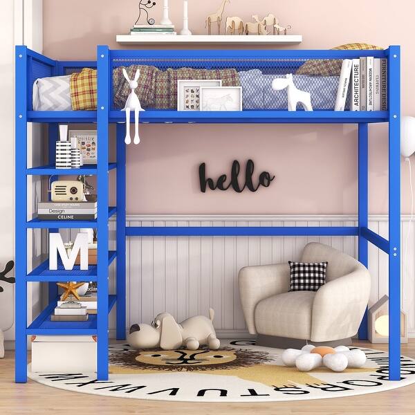 slide 2 of 16, Elegant Metal Full Size Loft Bed 4-Tier Shelves and Storage Blue