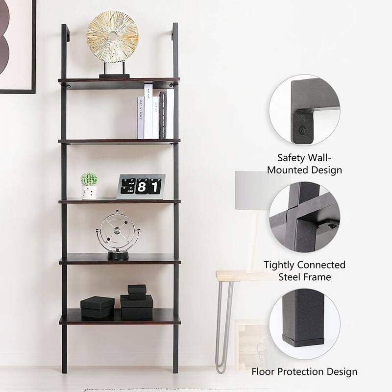 5-Tier Industrial Wood Ladder Bookcase with Metal Frame