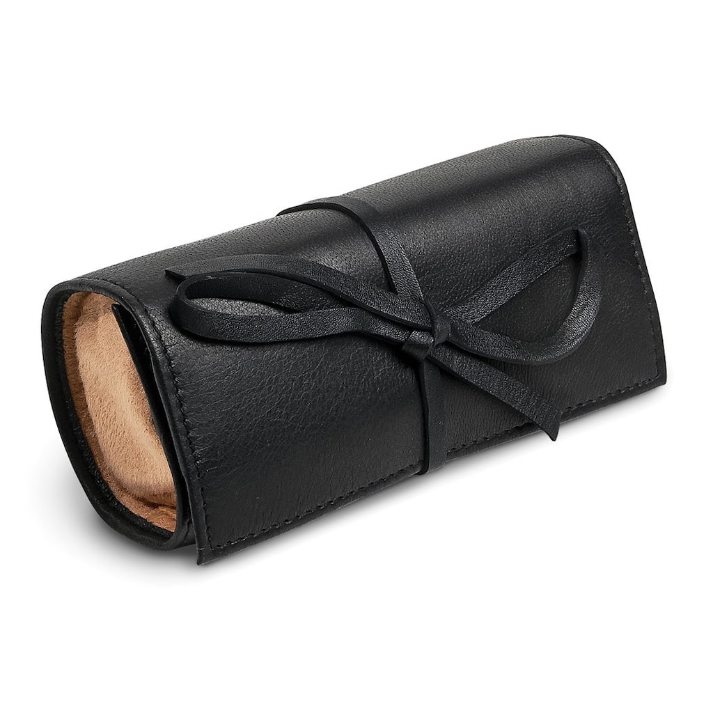 Curata Black Leather Tie Jewelry Roll with Removable Zippered Pouch