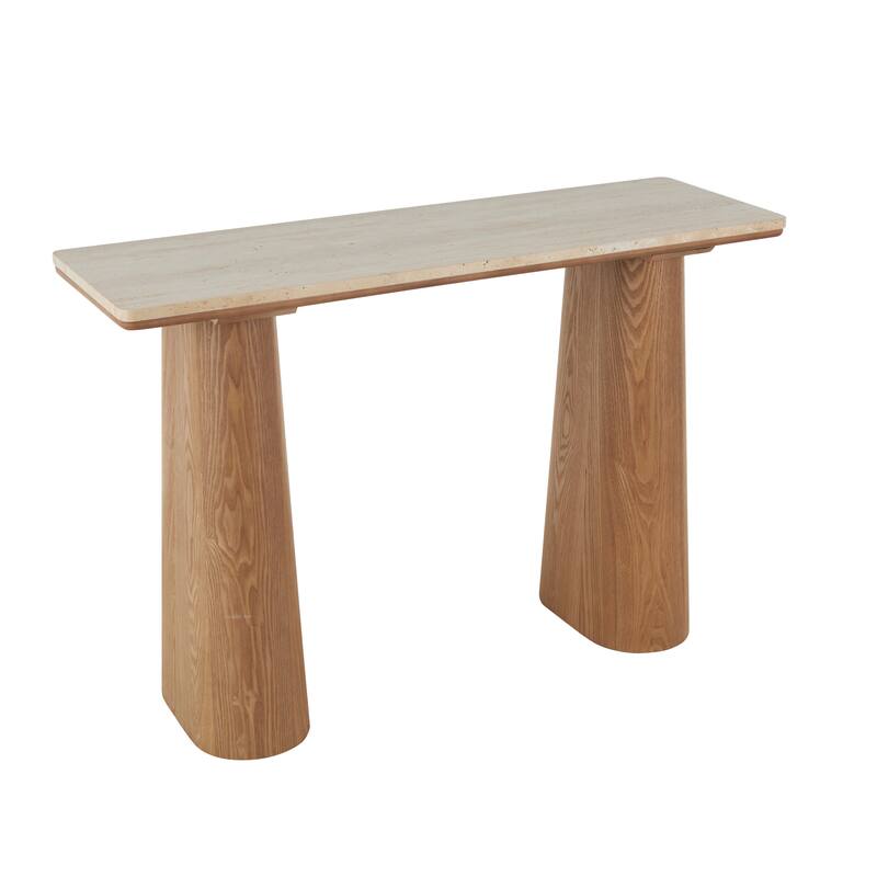 Wood Rectangular Console Table with Rectangle Beige Marble Tabletop - Brown - Roche River Decor - 15"W x 47"L x 32"H