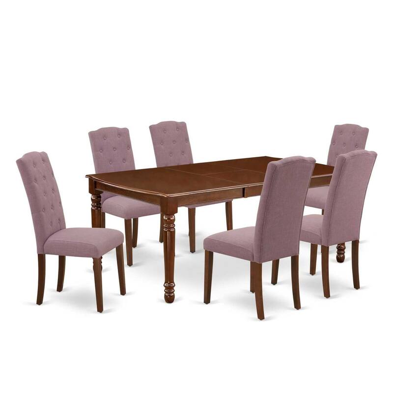 7-Piece Dinette Set - Kitchen Table with Leaf & 6 Parsons Chairs - Mahogany Finish - 78