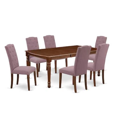 7-Piece Dinette Set - Kitchen Table with Leaf & 6 Parsons Chairs - Mahogany Finish - 78