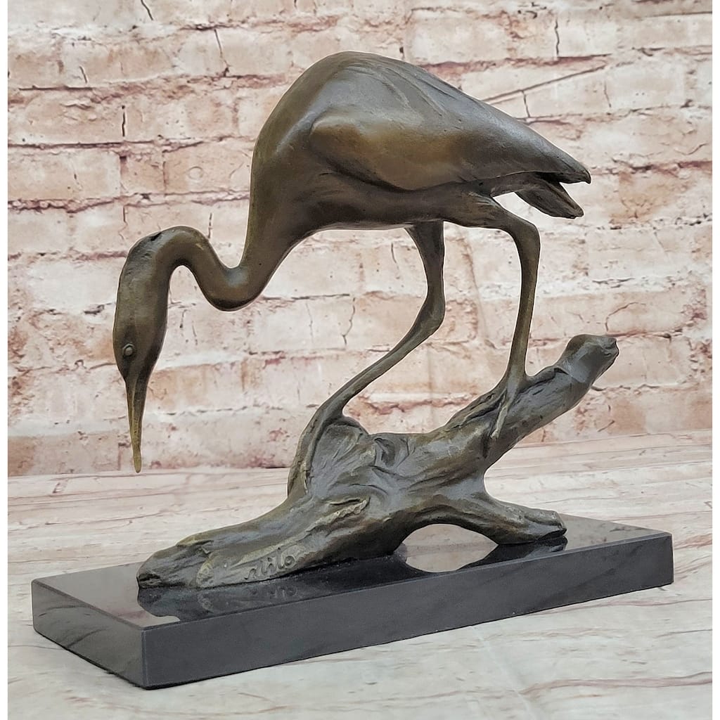 Crane Stork Egret Heron Water Bird Bronze Statue Sculpture Original Art On Marble Base