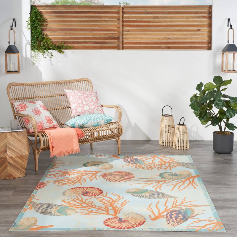Waverly Sun & Shade Shore Thing Tropical Sea Shell Floral Indoor Outdoor Area Rug - 4'3" x 6'3" - Light Blue