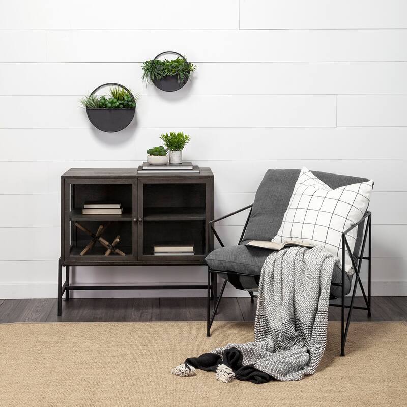 Arelius Light Brown Solid Wood w/ Black Iron Frame & 2 Glass Doors Accent Cabinet - 36.0L x 18.0W x 32.0H