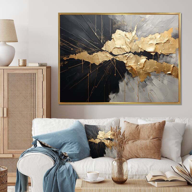 Designart "Black And Gold Abstract Meditation I" Abstract Painting Framed Canvas Art Print - 40 in. wide x 30 in. high - Gold