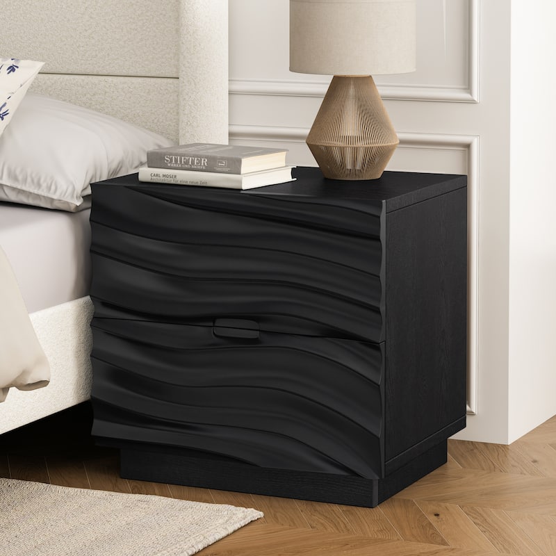 Solid Wood 2 Drawers Nightstands for Living Room and Bedroom Use - 1Piece-Black