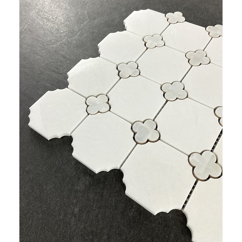 Thassos White And Mother Of Pearl Clover Mosaic Wall And Floor Tile - Case (10 Sheets)