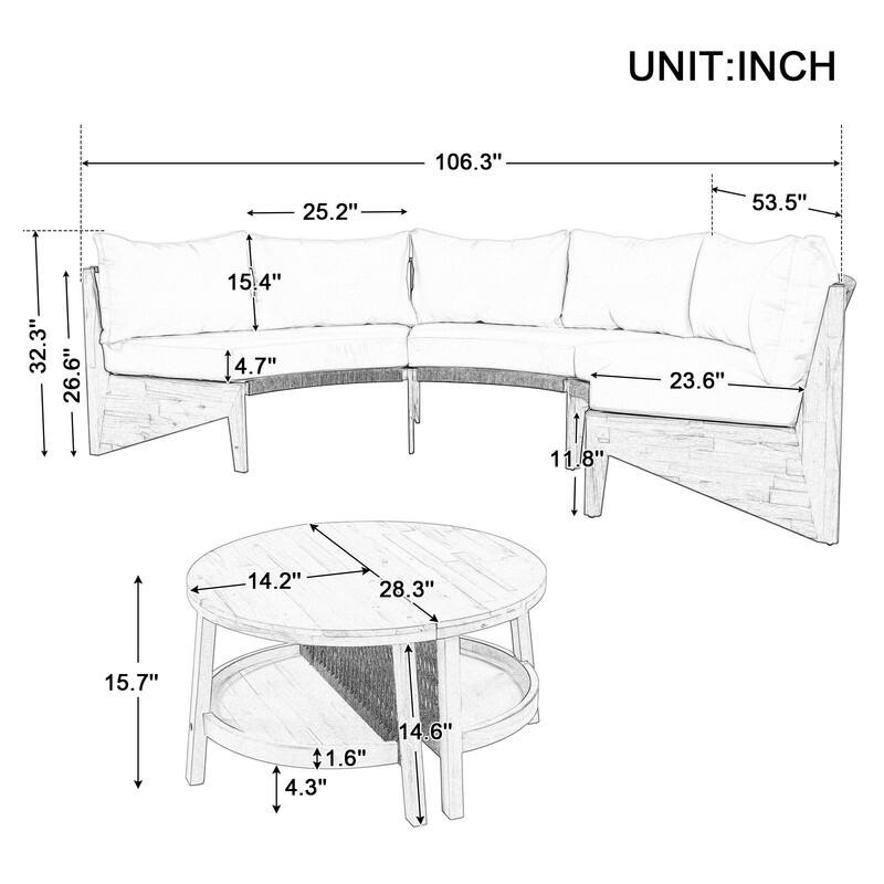 Patio 3-Piece Conversation Set, 6-Person Outdoor Seating Group with Cushions and a Coffee Table, Half Moon Patio Furniture Sets