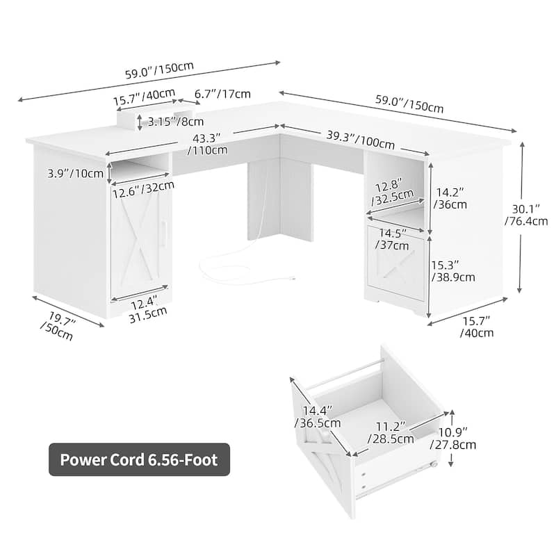 Moasis 59-inch Computer L-shaped Desk with Monitor Stand and Cabinet, Executive Desk w/Power Outlets