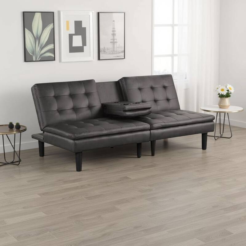 Berie Futon Sofa Bed, Drop-Down Tray and Cupholder, Gray Faux Leather