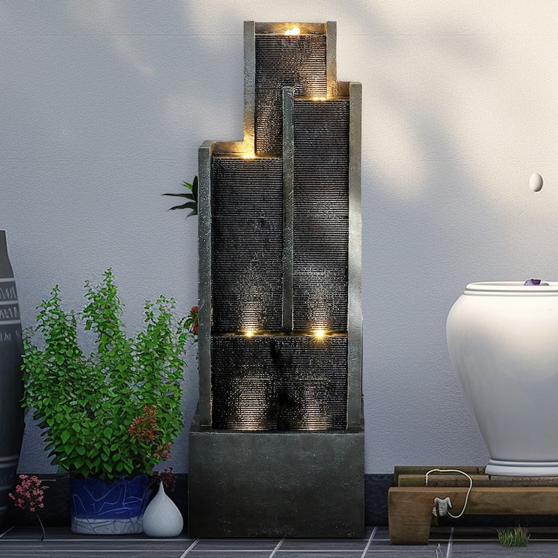 4-Tier Water Fountain w/Lights - 50.7in H Cascading Fountain for Home - Polyresin - Floor - Grey
