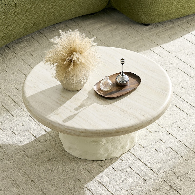 35.04" Fiberglass Round Center Coffee Table for Living Room,Imitation Stone Table front of the Sofa, Coffee Table - Beige