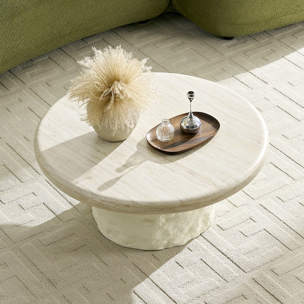 35.04" Fiberglass Round Center Coffee Table for Living Room,Imitation Stone Table front of the Sofa, Coffee Table