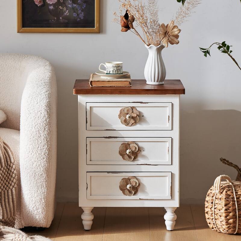 Vintage Farmhouse End Table with Floral Knobs -19"Rustic Nightstand with 3 Drawers Gourd Legs,Bedside or Sofa Accent Table