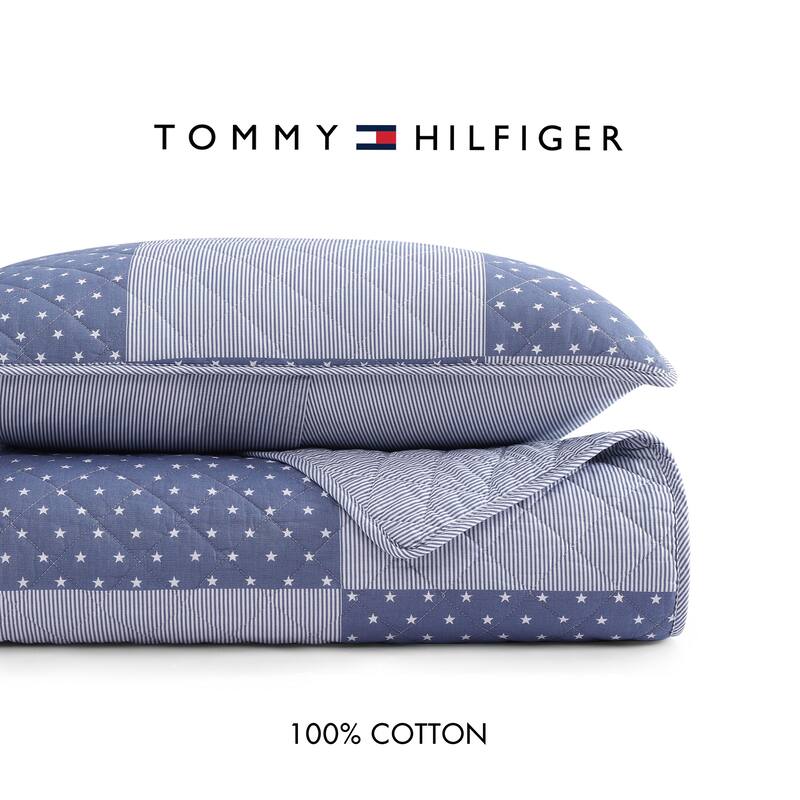 Tommy Hilfiger Ithaca Stargaze Patchwork Blue Cotton Reversible Quilt Set
