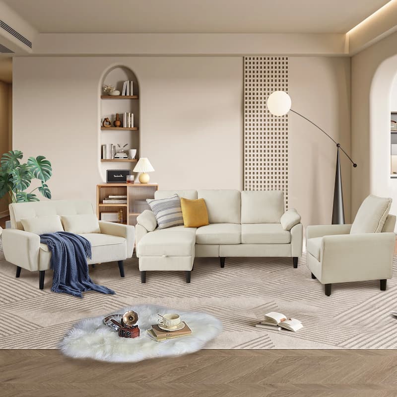 4-Piece Corduroy Living Room Sectional Sofa Set with Loveseat and Chair - Beige