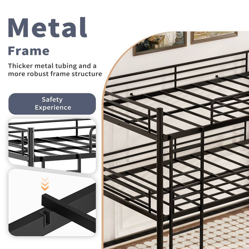 Twin Over Twin Over Twin Metal Triple Bunk Bed with Safety Rails, Non-Slip Ladder, Space Saving Design