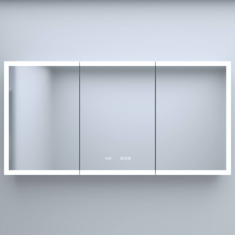 Rectangular Aluminum Recessed/Surface Mount Medicine Cabinet in Silver with Mirror LED and Clock