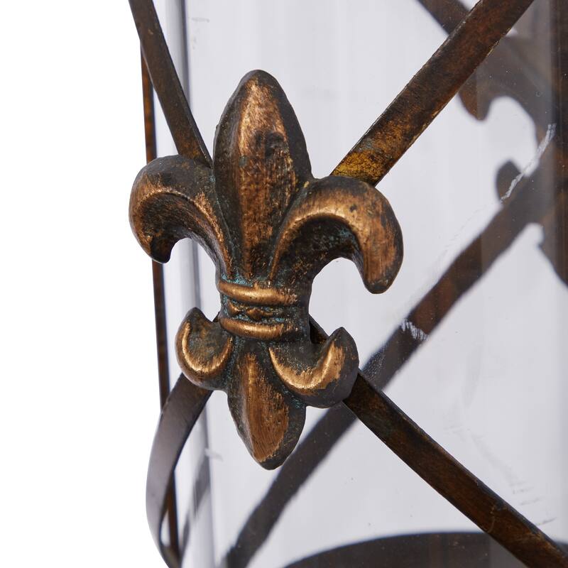 Bronze Metal Suspended Studded Fleur De Lis Wall Sconce with Scroll Details - 7 x 6 x 20