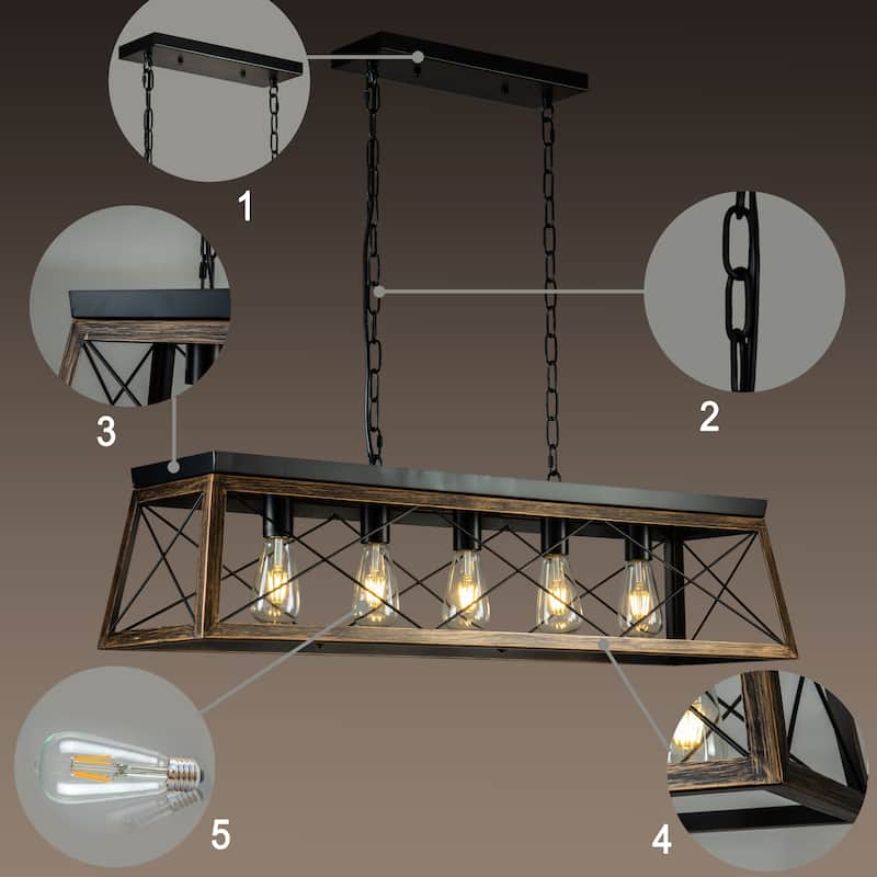 5-Light Square/Rectangle Farmhouse Chandelier For Kitchen Island With Wrought Iron Accents