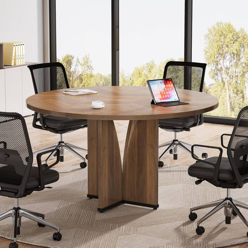 39" Round Conference Table for 4 Modern Wooden Meeting Table with Sturdy Base for Office/Training/Negotiation/Conference Room - Brown