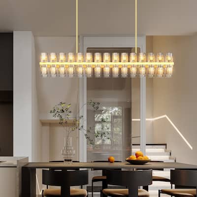 54" Gold Crystal Brass Rectangle Chandelier - Farmhouse - Kitchen Dining， Includes 60XG4 Bulbs