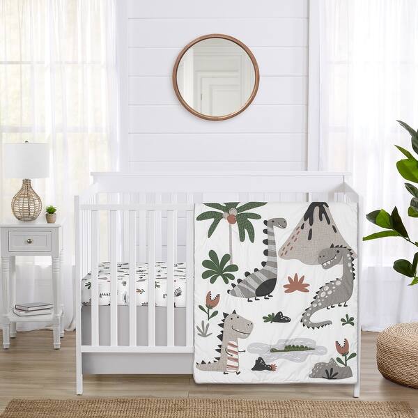 slide 2 of 6, Sweet Jojo Designs Modern Dinosaurs Boy Girl Gender Neutral 3p Nursery Crib Bedding Set Beige Grey Dino Reptile Trex Taupe Green