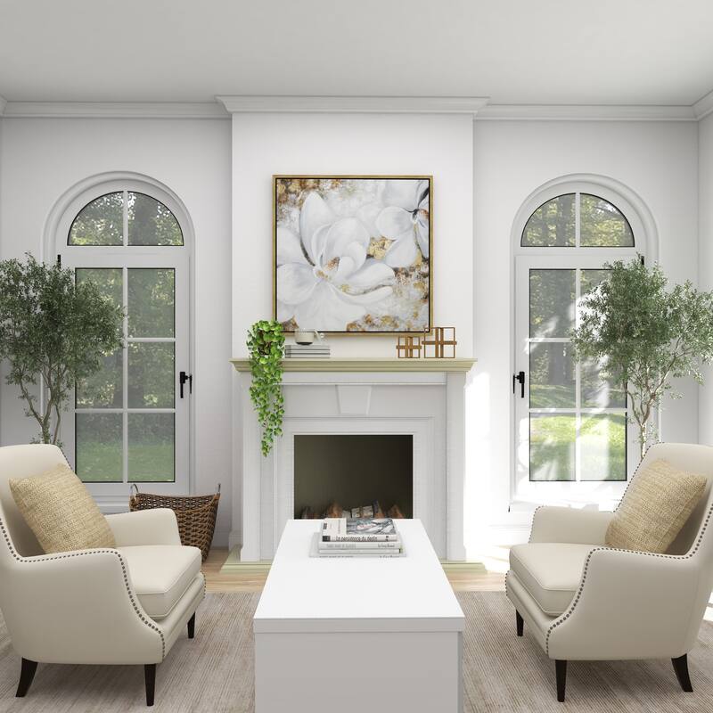 Canvas Floral Handmade Living Room Framed Wall Art with Gold Frame - White - Roche River Decor
