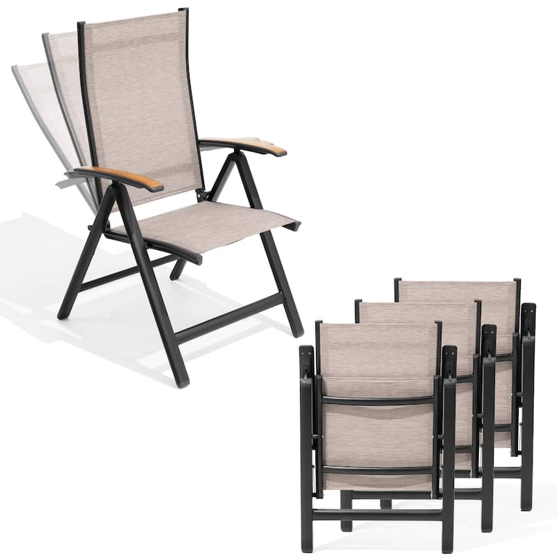 Outdoor Patio Aluminum Folding Chairs Set with Adjustable Backrest, Solid Wood Armrest - Espresso - 6PC
