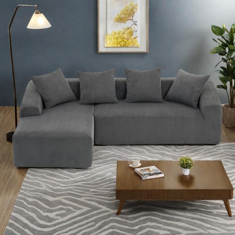 101.6" Corduroy L-Shaped Sectional Sofa with Chaise Lounge and 4 Pillows - Grey