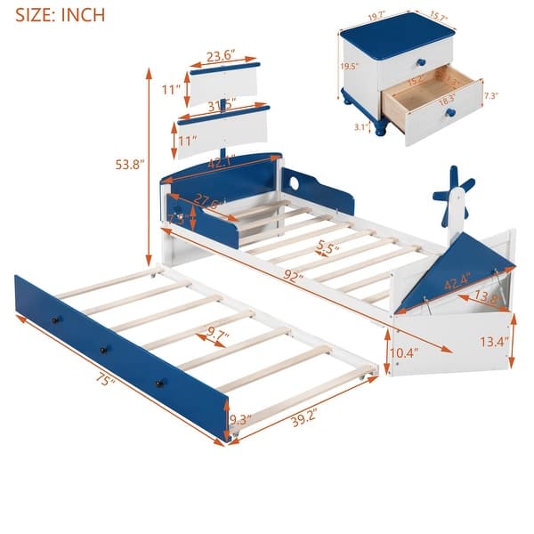 dimension image slide 0 of 4, Cool Theme Bed Twin Size Boat-Shaped Platform Bed with Twin size Trundle, Kids Bed with Storage for Yours Little Captain