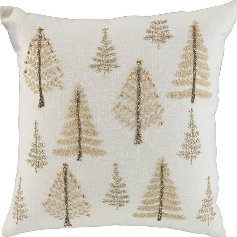 18" Natural Silver And Gold Cotton Christmas Trees Throw Pillow With Beads And Embroidery